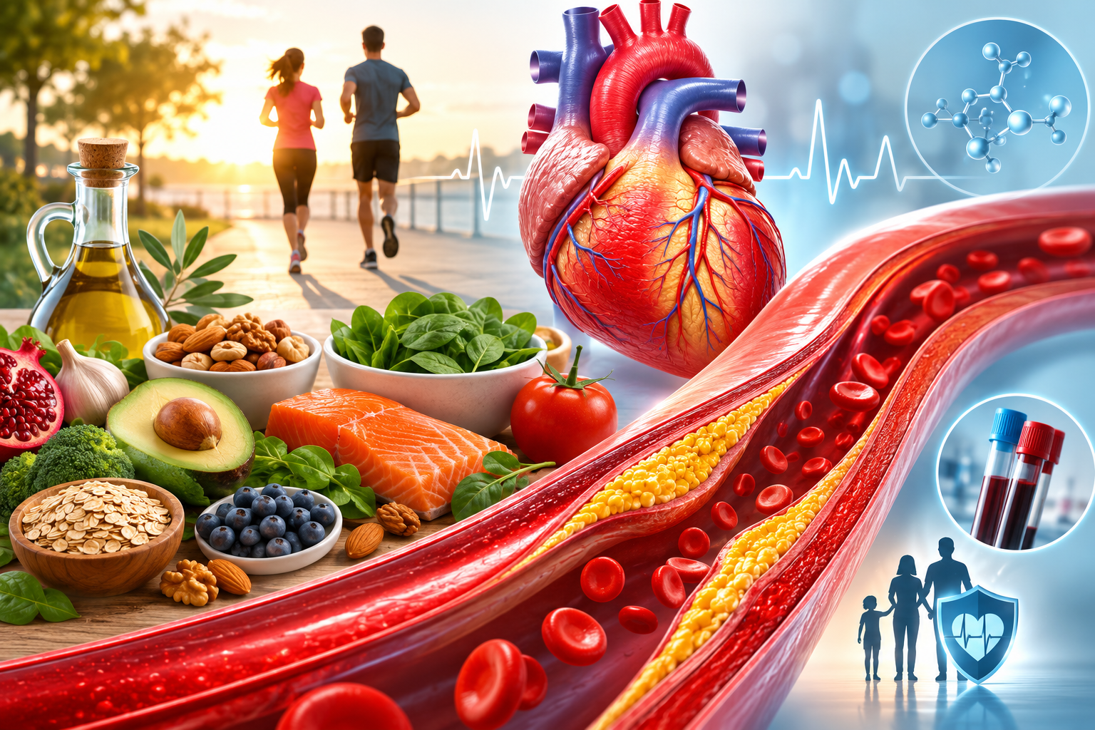 Illustrazione medica di un'arteria con accumulo di colesterolo e placca aterosclerotica che mostra il rischio cardiovascolare associato al colesterolo alto.